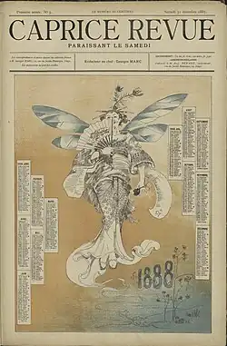 Première page du magazine Caprice revue no&nbsp;5, du 31 décembre 1887, qui fête l'arrivée de l'année 1888. Une illustration occupe la majorité de la page, on y voit une femme japonaise vêtue d'un kimono qui tient un éventail, et vole, utilisant les ailes de libellule qu'elle a dans le dos, légèrement au-dessus du sol.