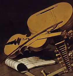 Peinture d'objets gisant en désordre sur le sol : violon, luth et livre de partitions.