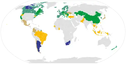 Carte mondiale des pays ayant une législation fixant un prix au carbone (en 2019) Prix du carbone et taxe carbone dans le marché du carbone vers 2019