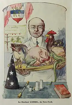 Caricature d'Alexis Carel représenté de face, présentant devant lui un plateau où sont posés différents animaux sur lesquels il a expérimenté ses greffes (poisson avec pates d’oiseau, cochon avec pates de grenouilles, coq avec queue de serpent). À gauche de la scène au-dessus d’un panneau représentant un arbre généalogique avec la mention greffes, flotte un drapeau français avec les lettres RF. Au premier plan, sur la table recouverte d’une nappe bleue, instruments de magicien.