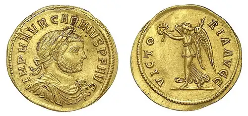 pièce en or, profil masculin et femme ailée tenant une couronne