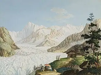 Représentation artistique de deux groupes de trois personnes à proximité d'un abri rudimentaire, dominant un glacier.