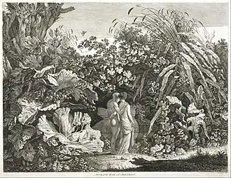 gravure avec un homme et une femme à moitié dévêtus marchant enlacés parmi des feuillages démesurés