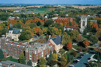 Vue aérienne de bâtiments universitaires.