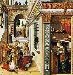 Peinture. Un évêque montre une maquette de ville à l'ange.