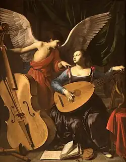 Carlo Saraceni (1579-1620). Sainte Cécile et l'ange, vers 1610. Huile sur toile 172&nbsp;×&nbsp;139&nbsp;cm. Galerie nationale d'art ancien (Rome).