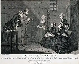 « La malheureuse famille Calas ».Gravure de Jean-Baptiste Delafosse d'après Carmontelle, 1765, BNFLégende : « La Mère, les deux Filles, avec Jeanne Viguière, leur bonne Servante, le Fils et son ami, le jeune Lavaisse. »