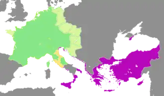 La Dalmatie à la limite des empires carolingien (vert) et byzantin (pourpre) en 814.