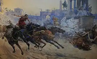 « Course de chars romains », Ulpiano Checa y Sanz, 1890 : les chars négocient le virage près d'une meta.
