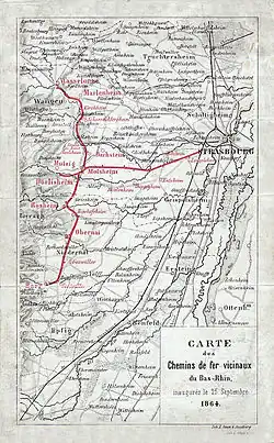 Carte du réseau des chemins de fer vicinaux du Bas-Rhin inaugurés en 1864.