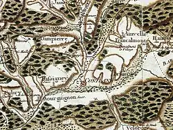Localisation des Forges de Varigney et environ sur la carte de Cassini (1756)
