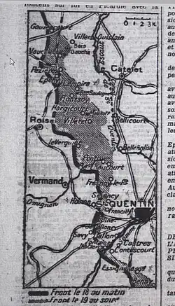 Carte montrant la prise définitive de Pontru par l'armée anglaise le 19 septembre 1918.