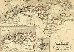 Une carte du Maghreb de 1843 indiquant que Biledulgerid se trouve au sud de l'Algérie.