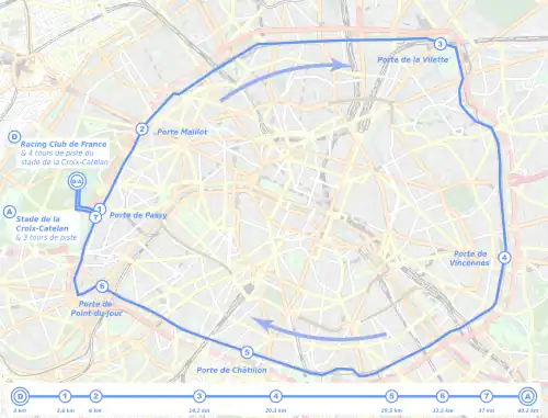 Carte OpenSteetMap montrant un tracé bleu le long du parcours du marathon.