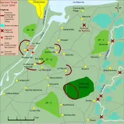 Carte d'une zone située entre le canal de Caen et la Divette, en Normandie. Des croix rouges indiquent des objectifs à détruire, majoritairement à l'est (gauche) de la carte. Quatre zones en vert clair disséminées à l'est, au nord-ouest, au sud et au centre indiquent les zones d'atterrissage des parachutistes. Des points jaunes dispersés partout sur la carte indiquent les villages et hameaux. Des lignes de couleur bordeaux indiquent les positions des parachutistes britanniques à la fin de l'opération Tonga.