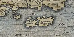 Carte ancienne des îles d'Hyères nommées îles d'Or et Stoechades et de la côte en regard.
