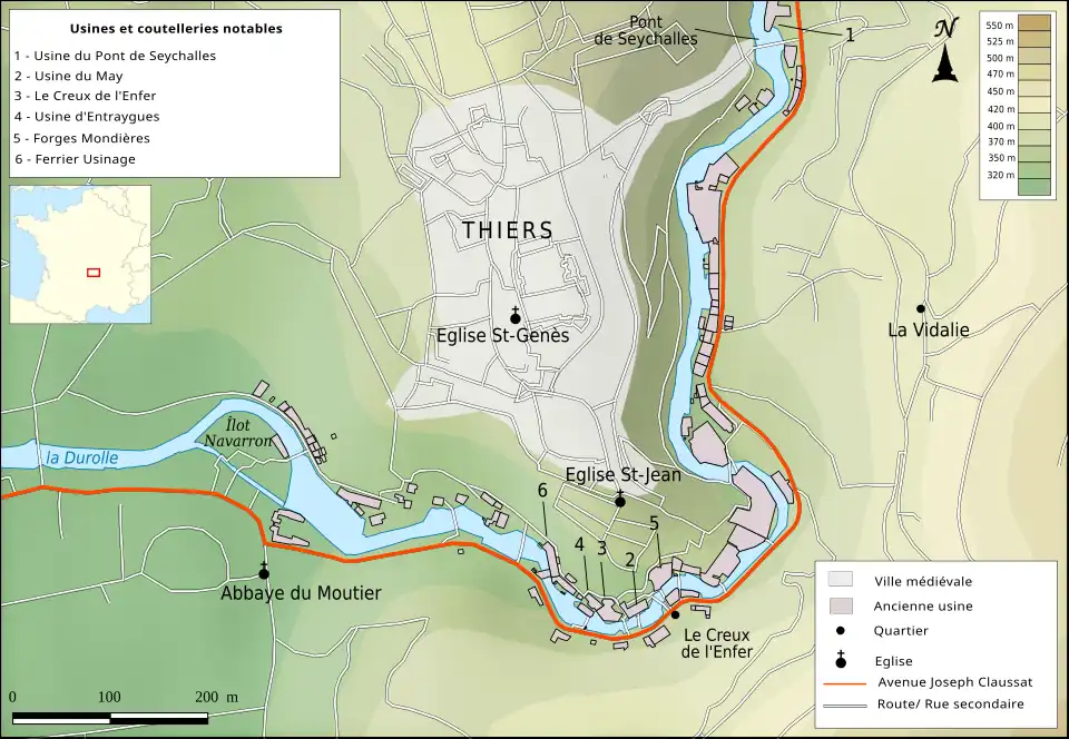 Plan montrant le parcours de la Durolle contournant l'est puis le sud de Thiers et situant les principales usines sur les rives de la rivière.