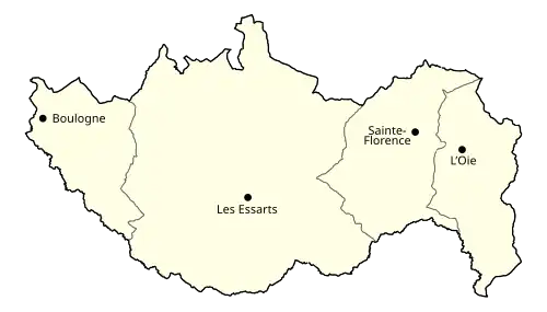 Carte présentant le territoire municipal d'Essarts-en-Bocage scindé par les frontières des anciennes communes