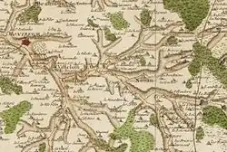 carte de Cassini du XVIIe&nbsp;siècle représentant les villages de Villeloin et Coulangé et les environs