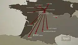 Carte des dépôts où le Louvre a entreposé ses collections à partir de 1939