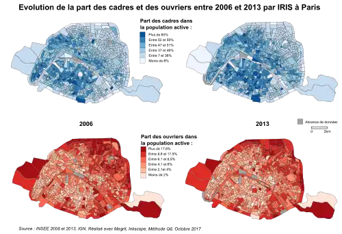 Carte de l'évolution de la part des ouvriers et des cadres par IRIS à Paris en 2006 et 2013