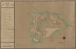 Carte française de l’île d'Aix de 1762 signalant les destructions opérées par les Anglais en 1757.