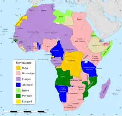 carte de l'Afrique figurant en différentes couleurs les possessions coloniales de l'époque