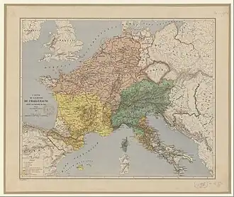 Projet de partage entre les fils de Charlemagne (Assemblée de Thionville, 806) selon Auguste Longnon : Charles le Jeune, Pépin d'Italie et Louis).