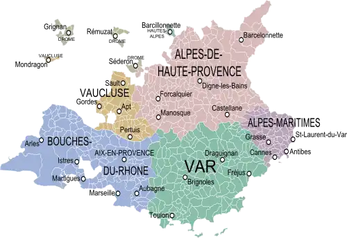 La province de Provence dans ses limites du XVIIIe&nbsp;siècle avec un fond cartographique des communes et des départements actuels.