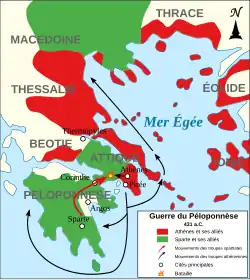 Carte représentant la Grèce et les alentours de la mer Égée, et la répartition territoriale entre la ligue de Délos (en vert) et la ligue du Péloponnèse (en rouge).