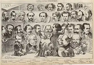  "Carte de visite du Charivari" sur laquelle figure les grands contributeurs du journal : journalistes et caricaturistes autour d'une estrade, où figure Pierre Véron en chef d'orchestre. Gravure dans le journal "Le Charivari"