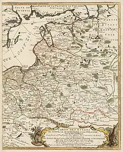 Carte de 1709 mentionnant la Samogitie, la Lituanie proprement dite et la Biélorussie (« Russie lituanique »).