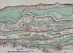 Les aménagements portuaires de la Loire : commune de Fondettes (Indre-et-Loire), réalisée vers 1755. Détail sur la commune de Fondettes : le Port Corbeau et le Port Foucault. (bibliothèque nationale, Cartes et Plans, numéro d'inventaire : Ge FF 17578).).