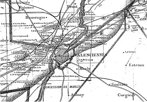 Saint-Saulve sur la carte des concessions des Compagnies des mines d'Anzin et de Marly, v. 1860-1880.