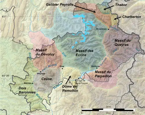 Carte des massifs des Hautes-Alpes.