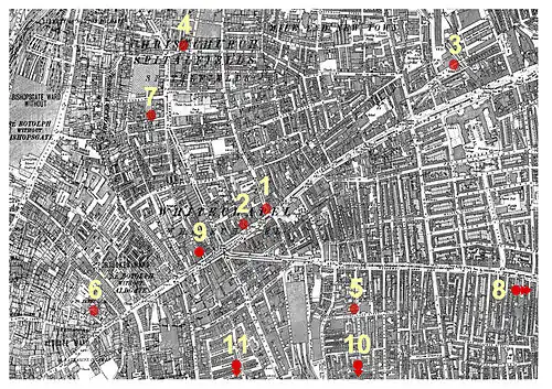 Carte de la Londres victorienne. Onze points marquent des endroits sur des rues proches.