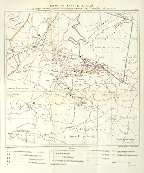 Carte des puits du bassin du Boulonnais provenant de l'ouvrages d'Albert Olry de 1904. Cette carte recense une grande majorité des fosses de ce bassin.