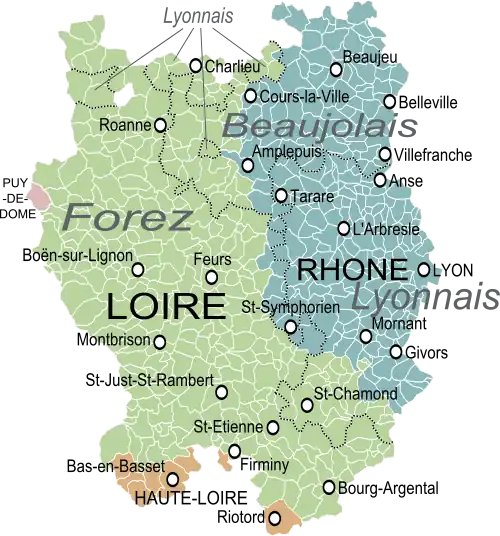 Le gouvernement général de Lyon au XVIIIe&nbsp;siècle, avec les provinces du Lyonnais, du Forez et du Beaujolais et les communes et départements actuels.