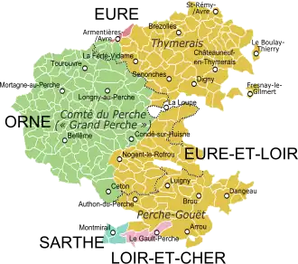 Comté de Perche avec en couleur les départements actuels.