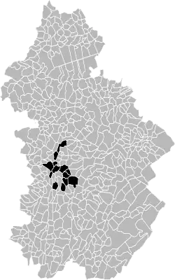 Carte représentant en noir les communes recelant de la houille.