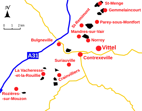 Carte du gisement et des villages, villes.
