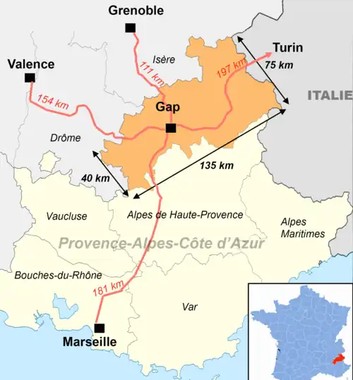 Schéma montrant la position des Hautes-Alpes, ses dimensions et les distances par la route vers les principales agglomérations voisines.