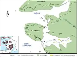Carte de l'extension maximale supposée de la mer des faluns au cours du Miocène moyen (Gantier et al., 2019).