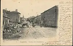 Carte postale représentant l'entrée, côté Neufchâteau, de Bulgnéville, entre 1880 et 1945.