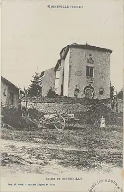 Vue historique de l'église Saint-Baldéric (A. Weick).  Carte postale représentant l'église de Gigneville entre 1880 et 1945. Le clocher date du XIIe&nbsp;siècle, le reste de l'édifice de 1712..