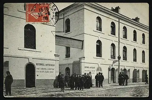 Clichy-la-Garenne. Imprimerie Paul Dupont. Sortie des ouvriers, carte postale, début du XXe&nbsp;siècle.