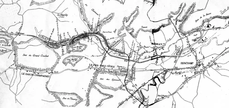 Plan montrant le réseau de voies ferrées entre les puits de Ronchamp et le passage du canal.