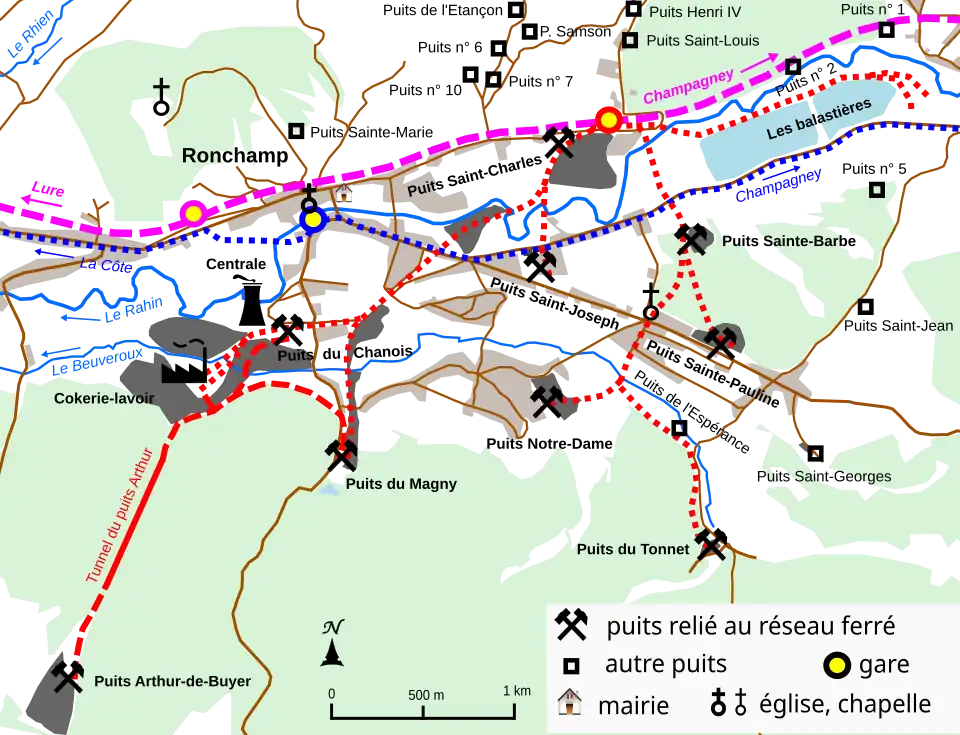 Plan montrant le réseau de voies ferrées entre les puits.
