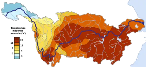 Températures annuelles moyennes sur le bassin versant du Yangtsé.