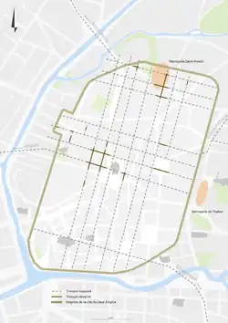 Carte figurant les limites de la ville antique de Condate, mettant en avant les cardi et les decumani.